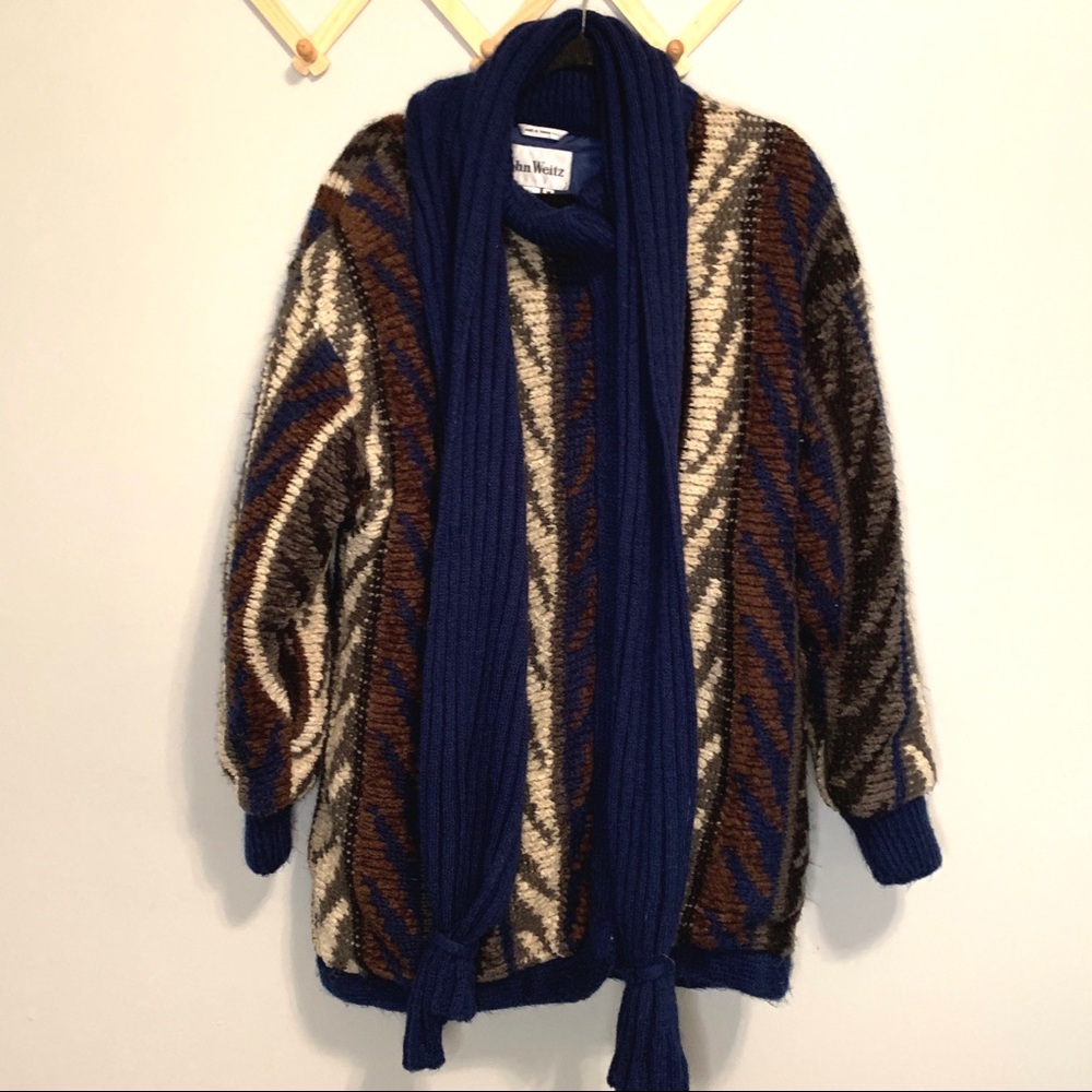 Vintage John Weitz heavily Lined Cardigan Sweater w/ scarf Medium blue